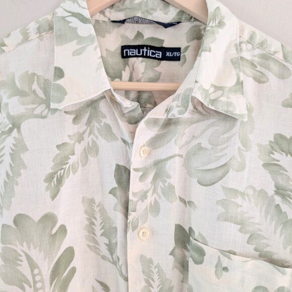 Vintage Nautica Men's Linen Blend Hawaiian Shirt Botanical‎ Tropical Vacation XL - Picture 5 of 14